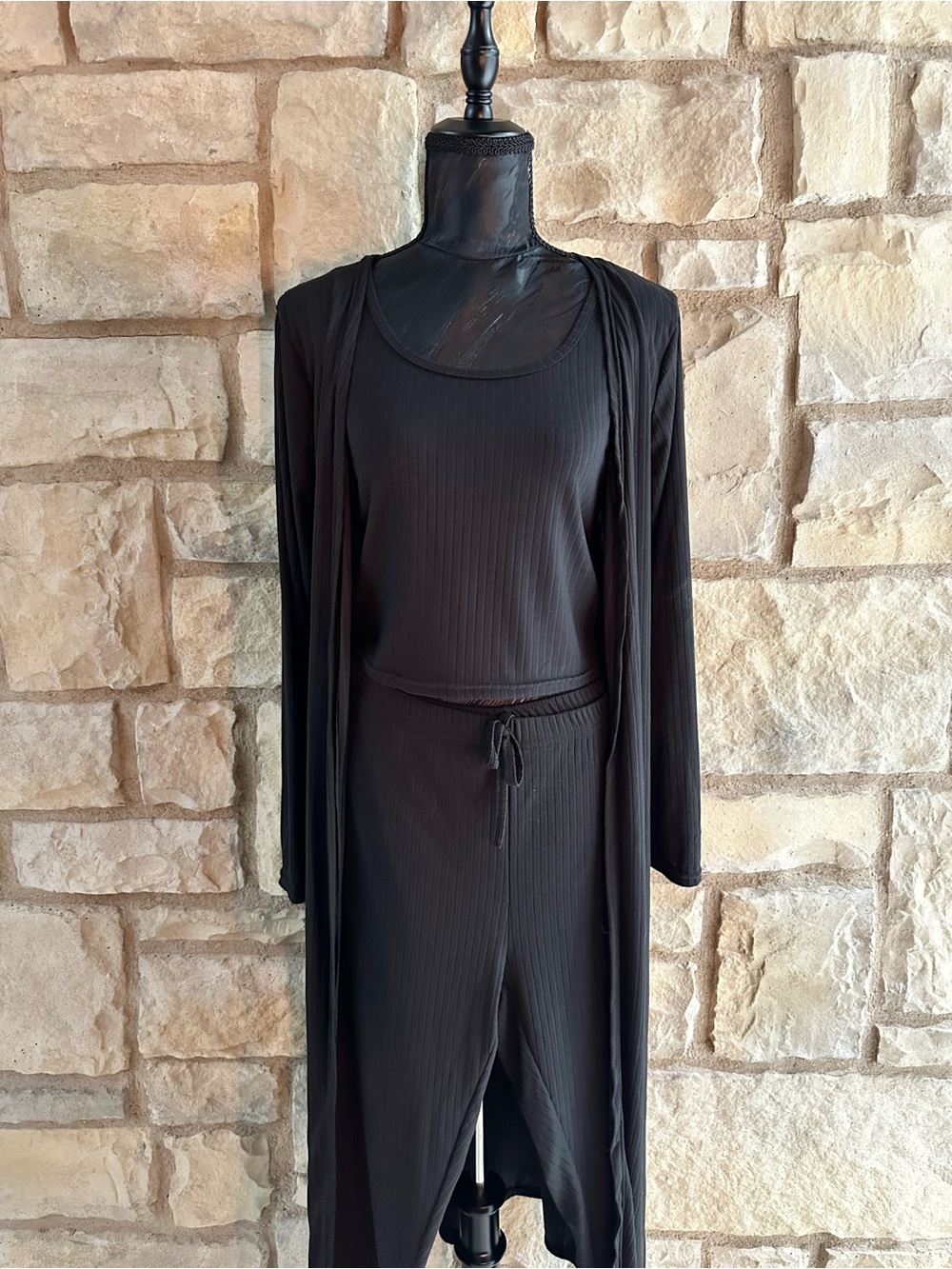 Black Ribbed Tank, Drawstring Skirt & Long Cardigan Set